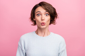 Photo of crazy shocked funny lady omg reaction look camera wear blue sweater isolated pink color background - obrazy, fototapety, plakaty