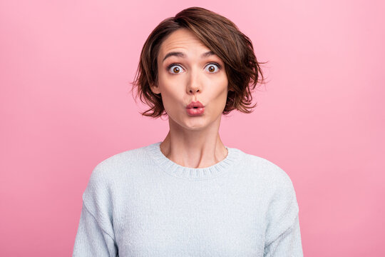 Photo of crazy shocked funny lady omg reaction look camera wear blue sweater isolated pink color background