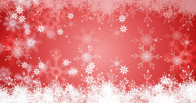 Image of snow falling over snowflakes at christmas on red background