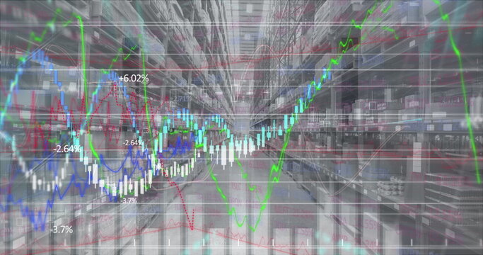 Image Of Financial Data Processing And Statistics Recording Over Warehouse In Background