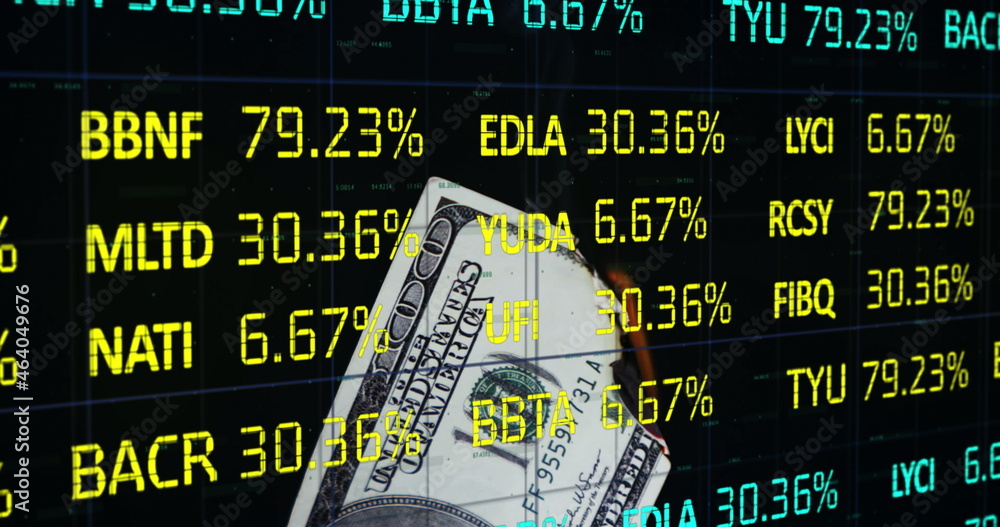 Poster digital composite image of stock exchange data processing against american dollar burning in backgro