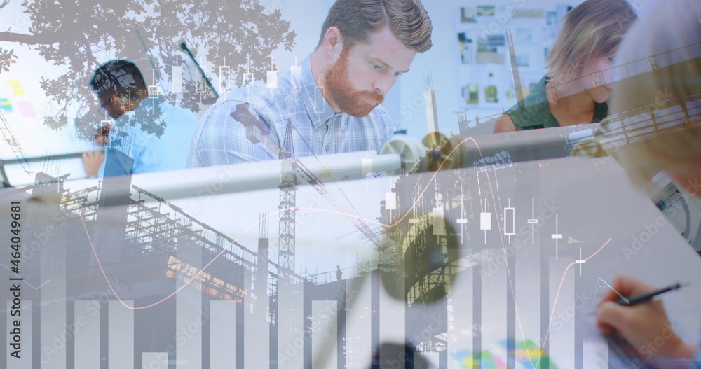 Aufkleber graphs and architects drawing in an office and a building in construction