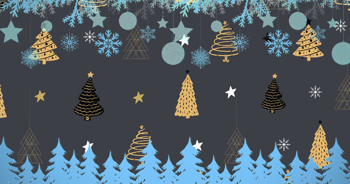 Image of christmas decorations with baubles over stars and christmas trees on black background