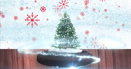 Image of snow falling and glowing spots over snow globe with tree on white background