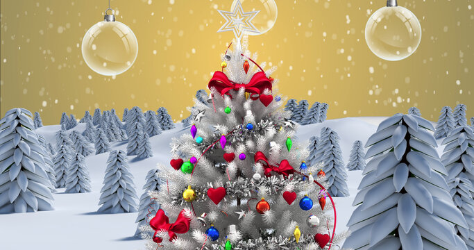 Image of christmas tree with decorations over snow falling and winter landscape