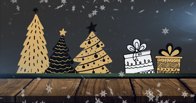 Image of snow falling over christmas trees and presents on black background