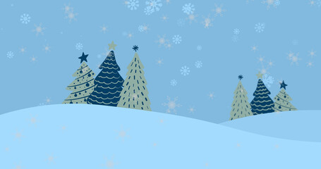 Image of snow falling over christmas trees on blue background