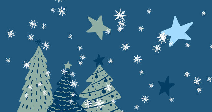 Image of snow and stars falling over christmas trees on blue background