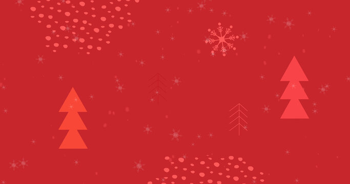 Image of snow falling over christmas decorations and fir trees on red background