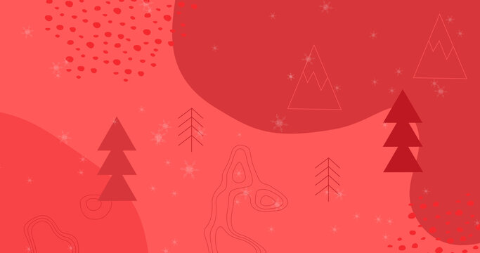 Image of snow falling over trees and christmas pattern on red background