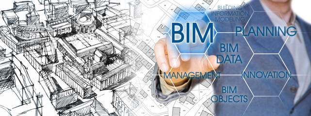 Planning a new city with BIM, Building Information Modeling system, a new way of architecture designing - concept with an engineer or architect drawing a sketch of a new modern imaginary town 