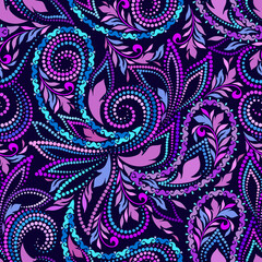 Seamless traditional pattern with paisley. Purple bright ethnic ornament. Vector print. Use for wallpaper, pattern fills,textile design.