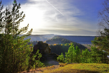Sunset over Vakutin Kamen and the river valley of the Irgina River on an autumn day