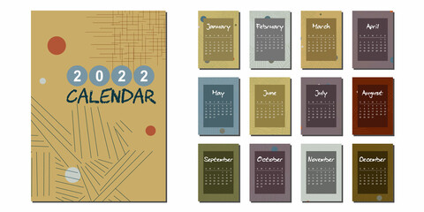 2022 Calendar template, set of 12 months, week start from Sunday, abstract concept modern calendar layout for website, business and social media, vector illustration.