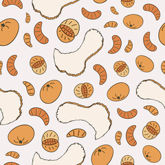 Christmas and New year seamless pattern with mandarin in different shapes (whole, tangerine slices, peel). Cute hand drawn vector illustrations on beige background. For gift paper, textile, notebook.