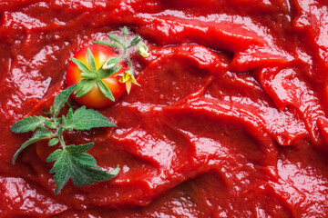 Tomato paste texture, ketchup, sauce. Food background. Close-up