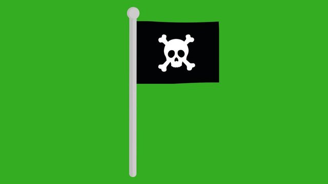 Loop animation of a flag on a pole with a moving pirate skull, on a green chroma background