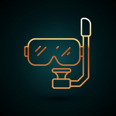 Gold line Diving mask and snorkel icon isolated on dark blue background. Extreme sport. Diving underwater equipment. Vector