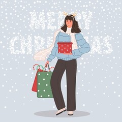 Happy woman with Christmas gifts. Female wearing in santa hat on snow background Merry Christmas concept. Vector illustration