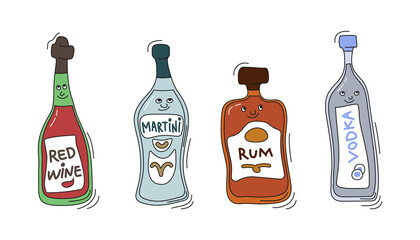 Red wine, martini, rum and vodka with smile on white background. Cartoon sketch graphic design. Doodle style with black contour line. Cute hand drawn bottle. Party drinks concept. Freehand drawing.