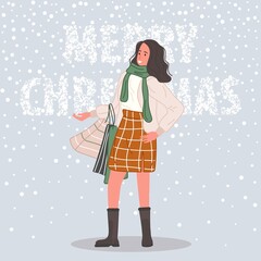 Happy woman with Christmas gifts. Female wearing in santa hat on snow background Merry Christmas concept. Vector illustration