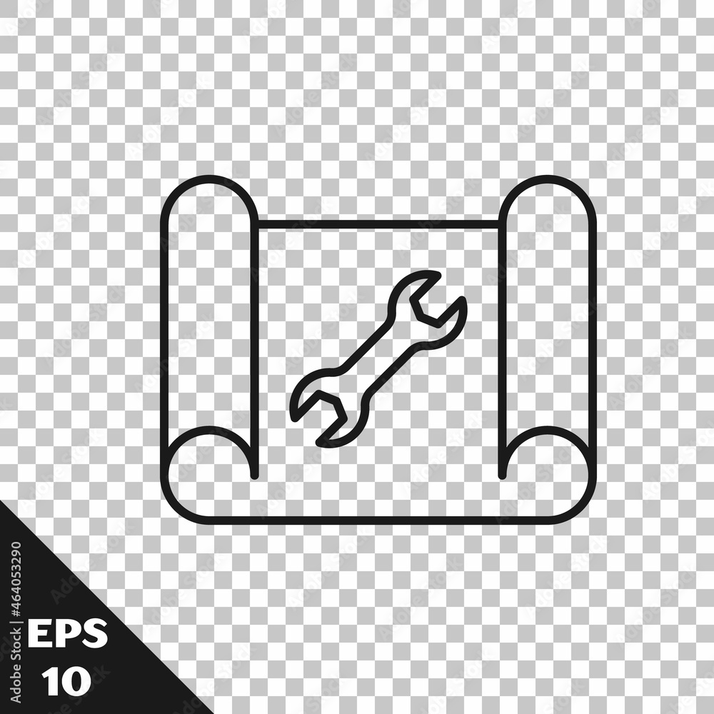 Poster black line graphing paper for engineering and wrench icon isolated on transparent background. vector