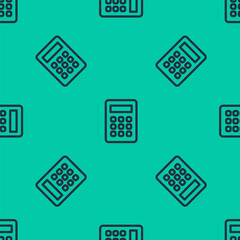 Blue line Calculator icon isolated seamless pattern on green background. Accounting symbol. Business calculations mathematics education and finance. Vector