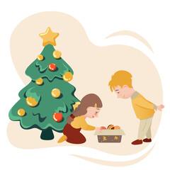 Boy and Girl decorate Christmas Tree. Holiday Card full of love, friendship and winter magic. Vector illustration. 