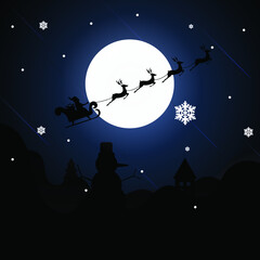 Santa Riding In Sledge With Reindeer.abstract pastel paper cut illustration of winter landscape with cloud.Bright moon and shooting star.Winter mountain Christmas landscape with fir tree and snowflake