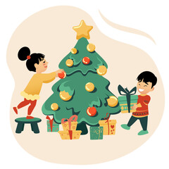 Girl and Boy decorate Christmas Tree together with Christmas toys, glass balls. Vector illustration. 