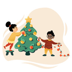 Girl and Boy decorate Christmas Tree together with Christmas toys and lights. Holiday card to celebrate love, friendship and winter magic. Vector illustration. 