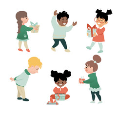 Set of six different children drawn in cartoon style. Kids holding gift boxes, celebrating and decorating before Christmas. Vector illustration isolated on blank background.