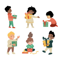 Set of six different children drawn in cartoon style. Kids holding gift boxes and decorating before Christmas. Vector illustration isolated on blank background.