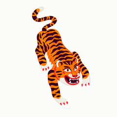 Tiger vector illustration, cartoon tiger prowling on white background. Organic flat style vector illustration