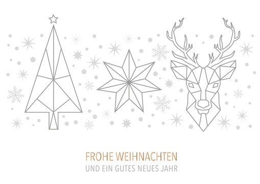 Frohe Weihnachten mit Weihnachtsbaum Stern und Rentier - Grußkarte mit Ornamneten auf weißem Hintergrund. Deutscher Text