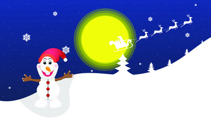 Naklejka premium Landscape with snow-filled areas.3d abstract pastel paper cut illustration of winter landscape with cloud,pines and mountains.Cartoon snowman with snow.Santa Riding In Sledge With Reindeer.Christmas