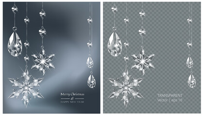 Vector Christmas background with realistic transparent glass snowflakes and decoration. Sparkling translucent crystals