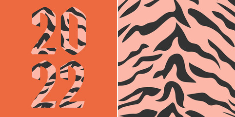 Fototapeta premium Happy New Year 2022. Vector numbers with Tiger stripe pattern. Creative card design with tiger fur texture. Set of two Vector illustration for invitation card.