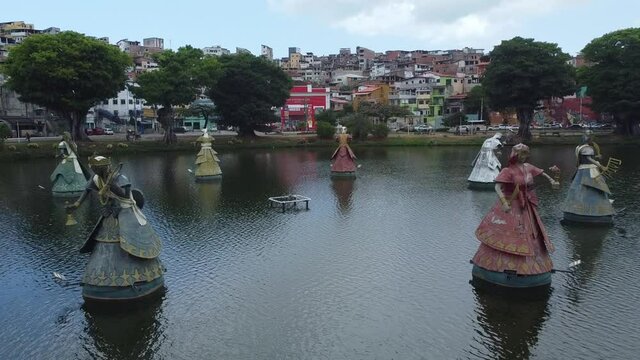 salvador, bahia, brazil - october 19, 2021: Sculptures of orixas - Candoble deities - are seen in the waters of the Dique de Itororo in the city of Salvador.