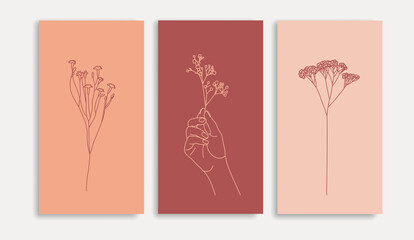Set of vector colors for printing lines. Botanical poster. Contemporary line art, aesthetic outline. Perfect for home decor, wall posters. Female hands and flora.