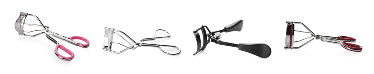 Set with different eyelash curlers on white background. Banner design