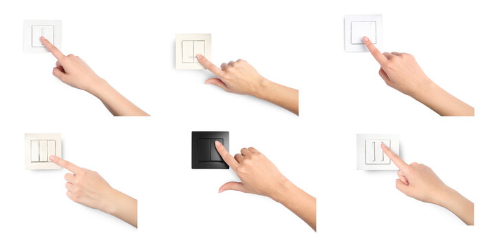 Collage with photos of women pressing light switches on white background, closeup. Banner design