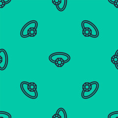 Blue line Diamond engagement ring icon isolated seamless pattern on green background. Vector