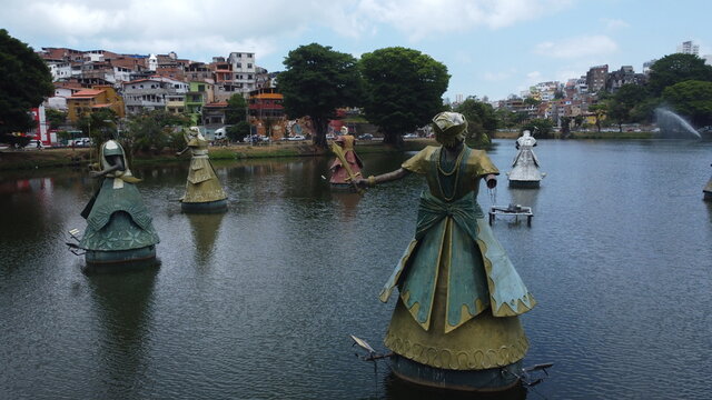 salvador, bahia, brazil - october 19, 2021: Sculptures of orixas - Candoble deities - are seen in the waters of the Dique de Itororo in the city of Salvador.