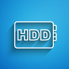 White line Hard disk drive HDD icon isolated on blue background. Long shadow. Vector