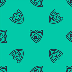 Blue line House with shield icon isolated seamless pattern on green background. Insurance concept. Security, safety, protection, protect concept. Vector