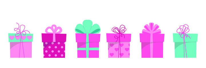 Valentine s Day gift collection, set of different boxes. Vector illustration in flat style
