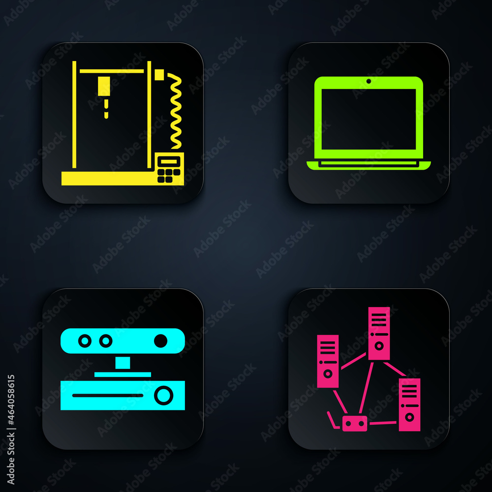 Poster set computer network, 3d printer, motion sensor and laptop. black square button. vector
