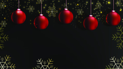 Christmas background with New Year's red balls, snowflakes and shine on a dark background. the banner is suitable for discount cards and sales.