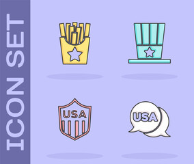 Set USA Independence day, Potatoes french fries in box, Shield with stars and Patriotic American top hat icon. Vector